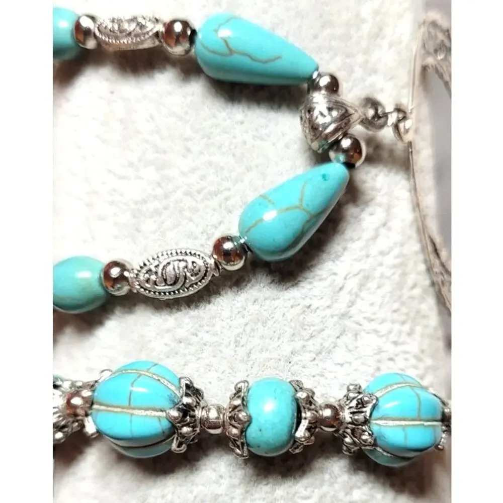 Vtg Southwestern Faux Turquoise Necklace & Bracelet Carved Teardrop Silver Tone